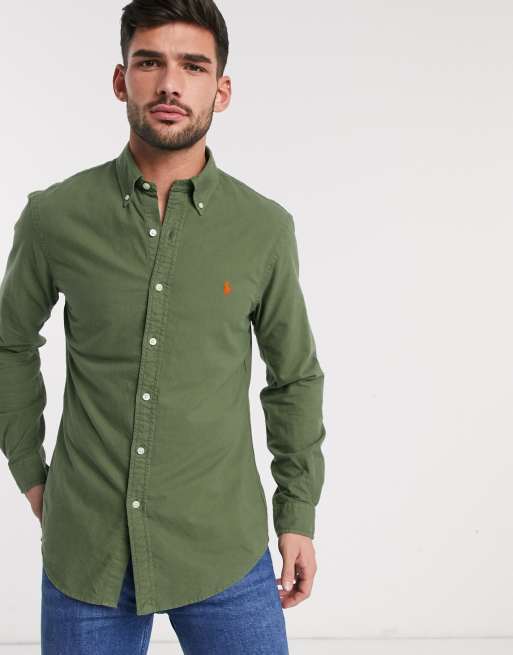 Polo Ralph Lauren garment dyed oxford shirt slim fit player logo in olive  green | ASOS