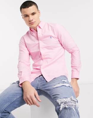 POLO RALPH LAUREN GARMENT DYED OXFORD SHIRT SLIM FIT PLAYER LOGO IN PINK EXCLUSIVE TO ASOS,710736557015-US