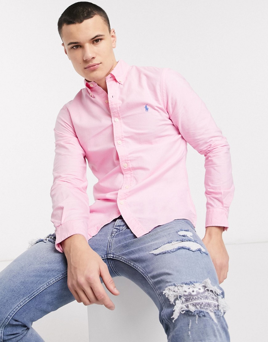 POLO RALPH LAUREN GARMENT DYED OXFORD SHIRT SLIM FIT PLAYER LOGO IN PINK EXCLUSIVE TO ASOS,710736557015-US