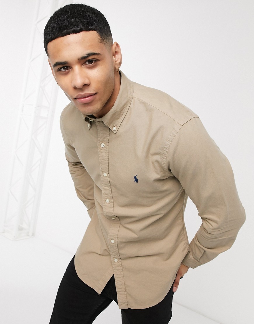 POLO RALPH LAUREN GARMENT DYED OXFORD SHIRT SLIM FIT PLAYER LOGO IN TAN EXCLUSIVE TO ASOS,710788043011-US
