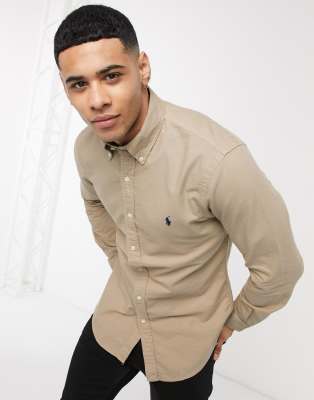 Polo Ralph Lauren garment dyed oxford shirt slim fit player logo in tan |  ASOS