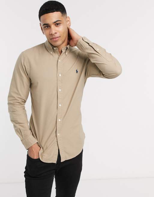 Polo Ralph Lauren garment dyed oxford shirt slim fit player logo in tan |  ASOS