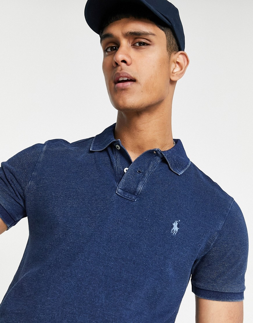 Polo Ralph Lauren garment dyed player logo pique polo in dark indigo-Blues