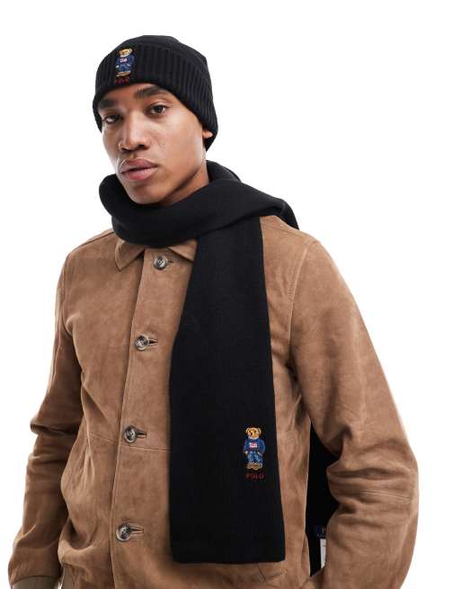 Polo Ralph Lauren - Gavesæt med sort og strikket halstørklæde og hue i uld med bjørnelogo