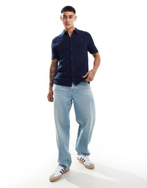 Polo Ralph Lauren - Gebreid overhemd van katoenmix met korte mouwen, knoopsluiting en icoonlogo in marineblauw