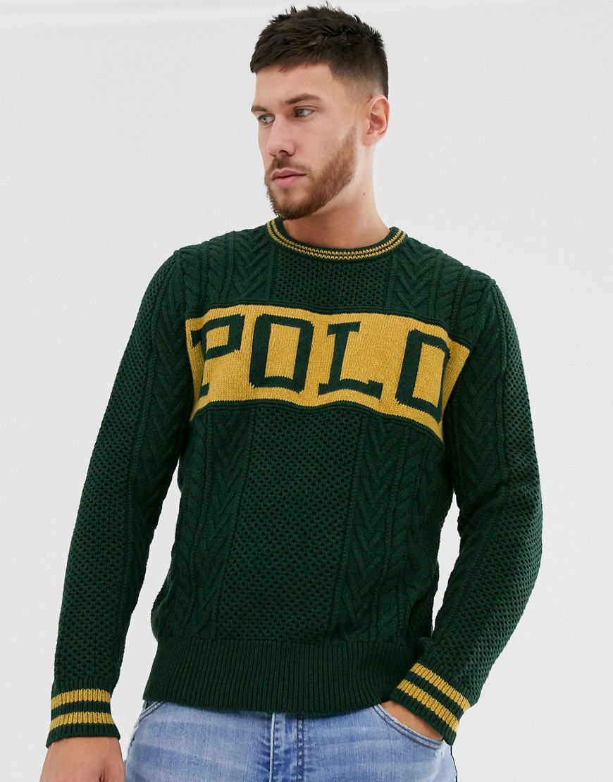 Polo Ralph Lauren - Gebreide Aran trui met k=logo op de borst in groen