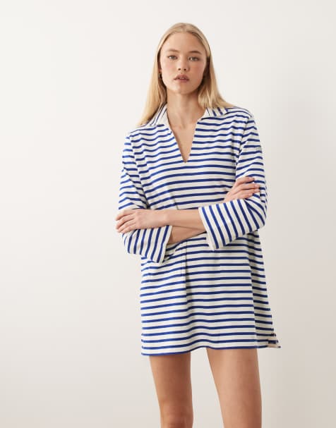 Polo Ralph Lauren - Gebreide gestreepte tuniekjurk in wit en blauw - view 1