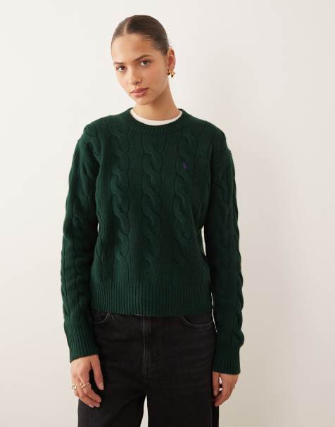 Polo Ralph Lauren - Gebreide kabeltrui met ronde hals en logo in groen - view 1