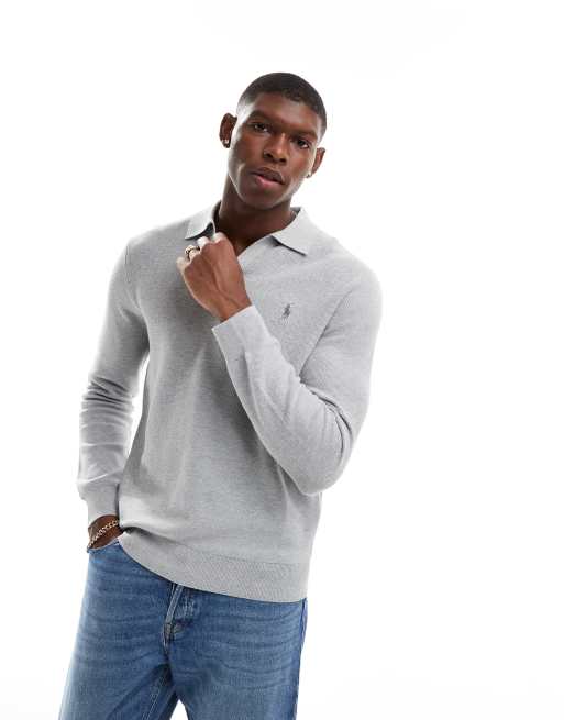 Polo Ralph Lauren - Gebreide katoenen slim-fit polo met icoonlogo in dezelfde tint in gemêleerd grijs
