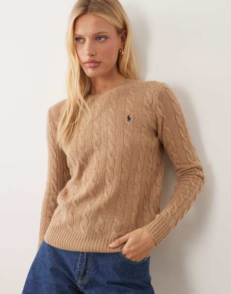 Polo Ralph Lauren - Gebreide katoenen trui met kabels en icoonlogo in lichtbruin - view 1