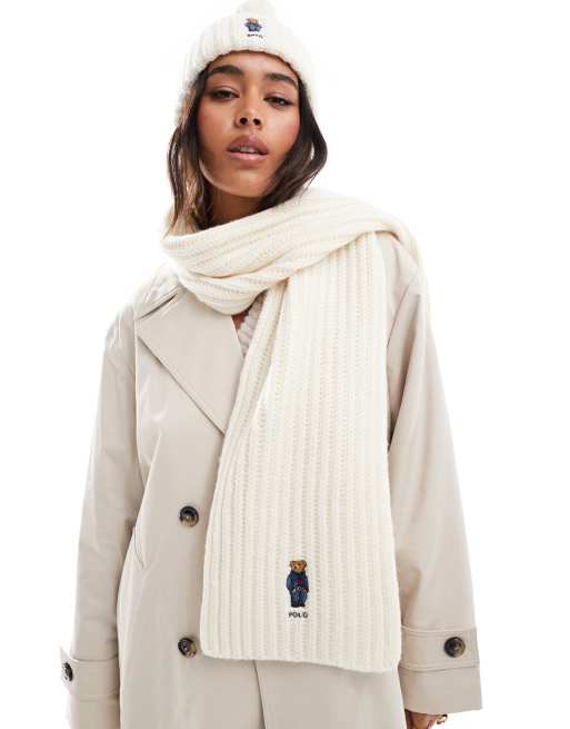 Polo Ralph Lauren - Gebreide sjaal met berenlogo in crème