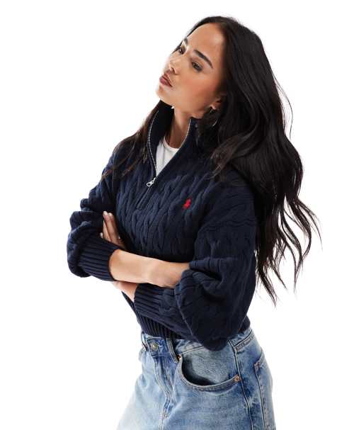 Polo Ralph Lauren - Gebreide trui met kabels, korte rits en logo in marineblauw - view 1