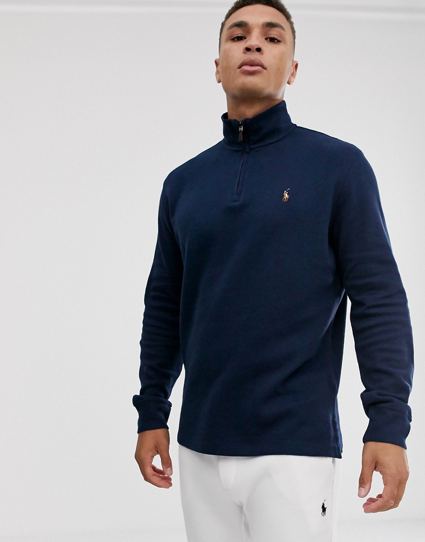 Polo Ralph Lauren - Gebreide trui met korte rits en spelerslogo in marineblauw