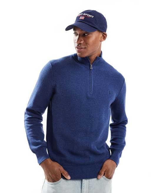 Polo Ralph Lauren - Gebreide trui van katoen met icoonlogo en korte rits in gemêleerd marineblauw