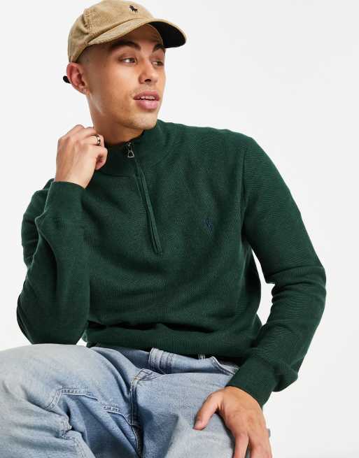 Polo Ralph Lauren - Gebreide trui van pimakatoen met icoonlogo en korte rits in gemêleerd groen