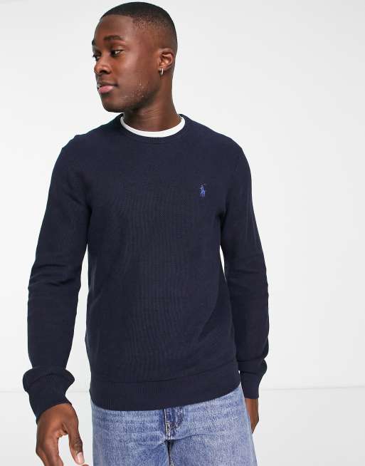 Polo Ralph Lauren - Gebreide trui van zwaargewicht katoen met icoonlogo in gemêleerd marineblauw