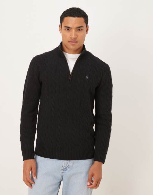 Polo Ralph Lauren - Gebreide wollen trui met kabels, icoonlogo en halve rits in zwart