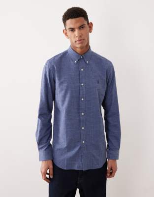 Polo Ralph Lauren - Gebürstetes Twill-Hemd in meliertem Blau mit Custom Fit, Hahnentrittmuster und Pony-Logo