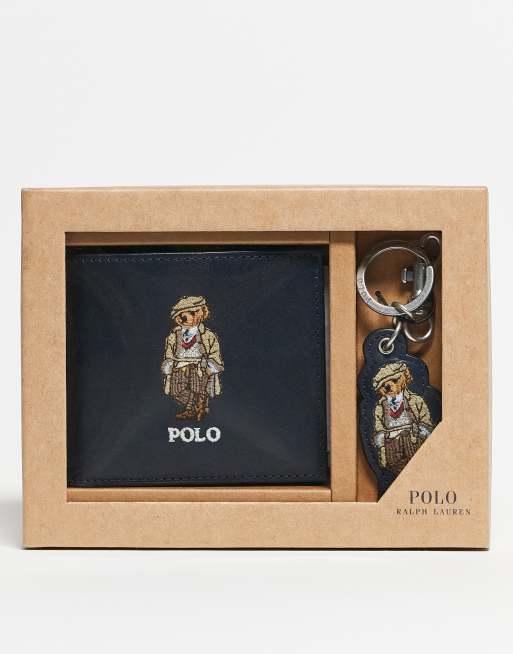 Polo Ralph Lauren – Geschenkset aus schwarzem Leder mit Heritage-Bear-Logo bestehend aus zweifach faltbarer Brieftasche und Schlüsselanhänger