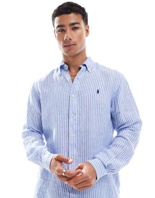 Polo Ralph Lauren - Gestreept linnen overhemd met icoonlogo in blauw/wit