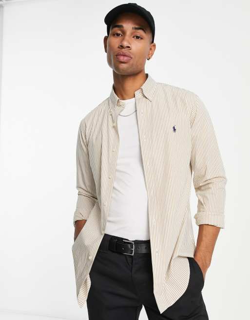 Polo Ralph Lauren - Gestreept regular-fit poplin overhemd met iconisch logo en knopen in lichtbruin