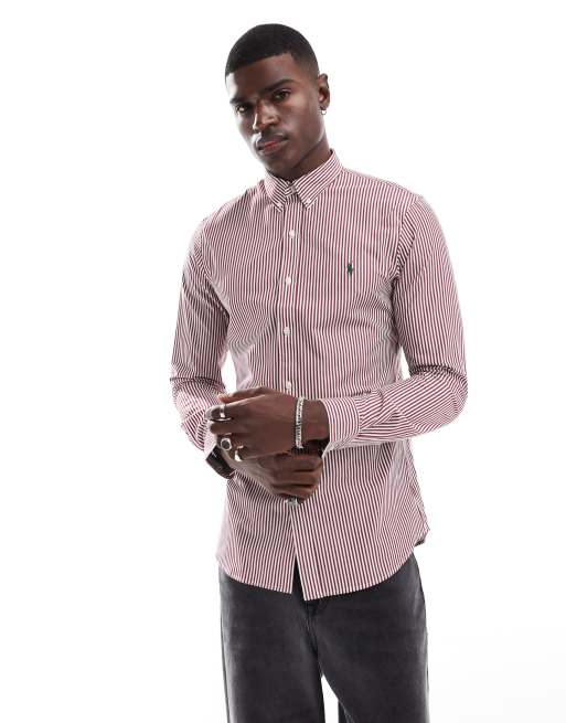 Polo Ralph Lauren - Gestreept slim-fit overhemd van poplin met logo in wijnrood en wit