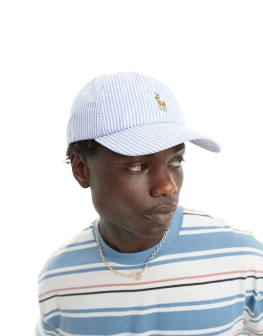 Polo Ralph Lauren - Gestreepte baseballpet van seersucker met logo's in blauw