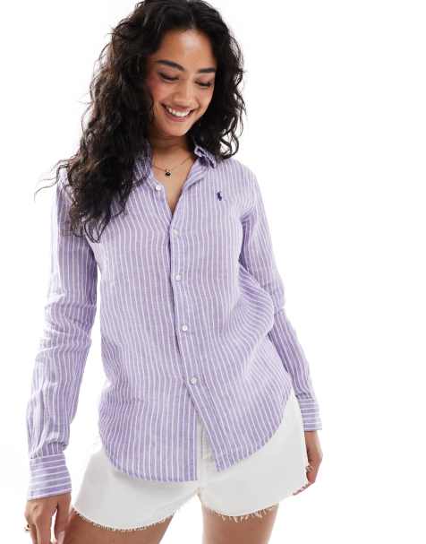 Polo Ralph Lauren – Gestreifte Leinen-Hemdbluse in Lila und Weiß mit Logo - view 1