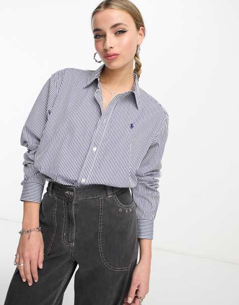 Polo Ralph Lauren – Gestreifte Popeline-Hemdbluse in Blau mit kastigem, kurzem Schnitt und Markenlogo - view 1