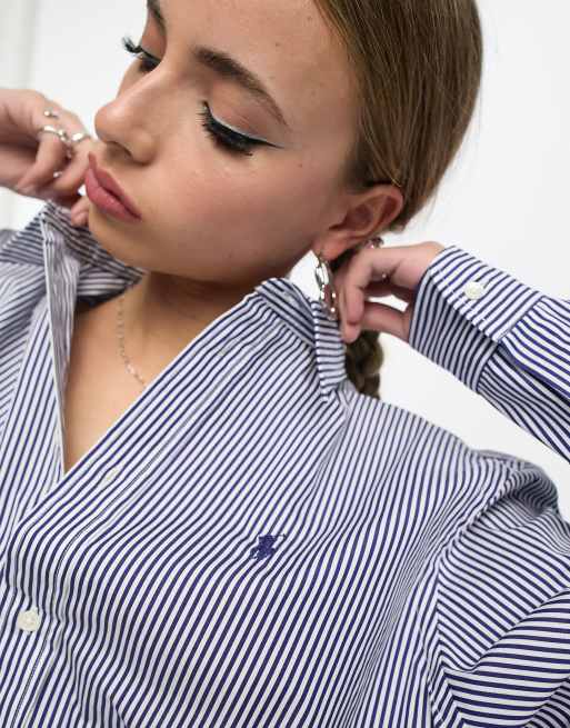 Polo Ralph Lauren – Gestreifte Popeline-Hemdbluse in Blau mit kastigem, kurzem Schnitt und Markenlogo, 3 von 4