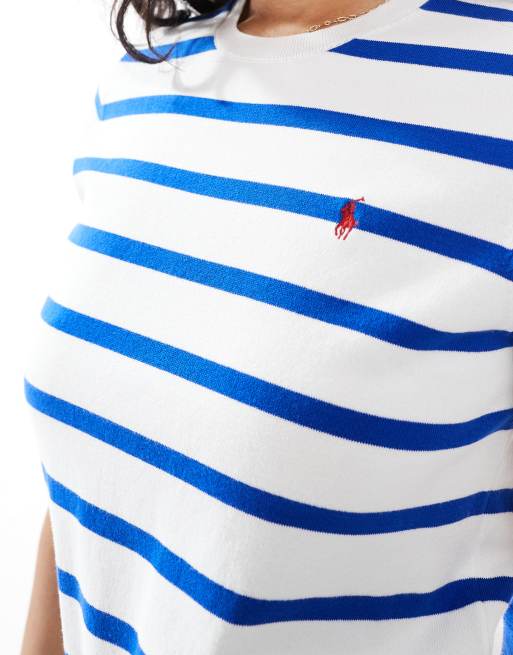 Polo Ralph Lauren – Gestreiftes, kurzärmliges Strickoberteil in Weiß und Blau, 4 von 4