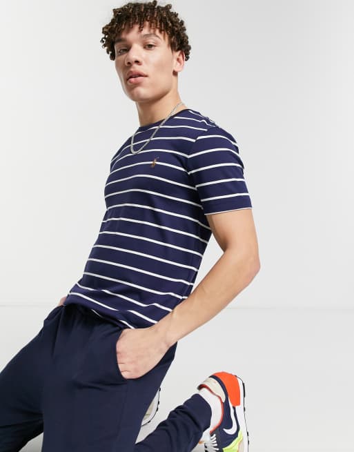 Polo Ralph Lauren – Gestreiftes T-Shirt aus Pima-Baumwolle mit Polospieler-Logo in französischem Marineblau/Weiß