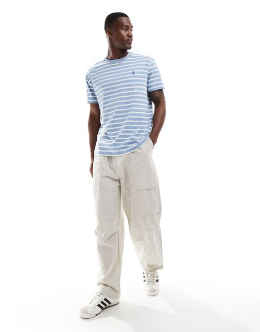Polo Ralph Lauren – Gestreiftes T-Shirt in Hellblau/Weiß mit Markenlogo