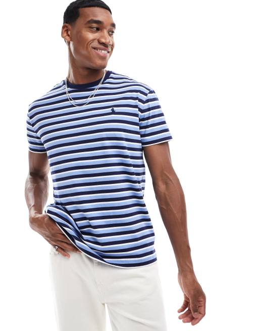 Polo Ralph Lauren – Gestreiftes T-Shirt in Mittelblau mit Markenlogo