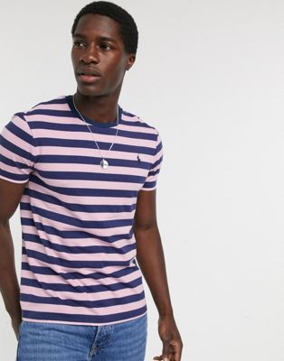 Polo Ralph Lauren – Gestreiftes T-Shirt mit Polospieler-Logo und normaler Passform in Rosa/Marine