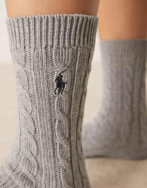 Polo Ralph Lauren – Gestrickte Crew-Socken in Grau mit Zopfmuster, 3 von 3
