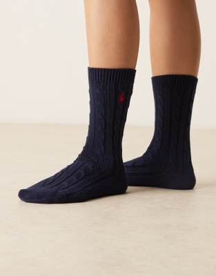 Polo Ralph Lauren - Gestrickte Crew-Socken in Marineblau mit Zopfmuster