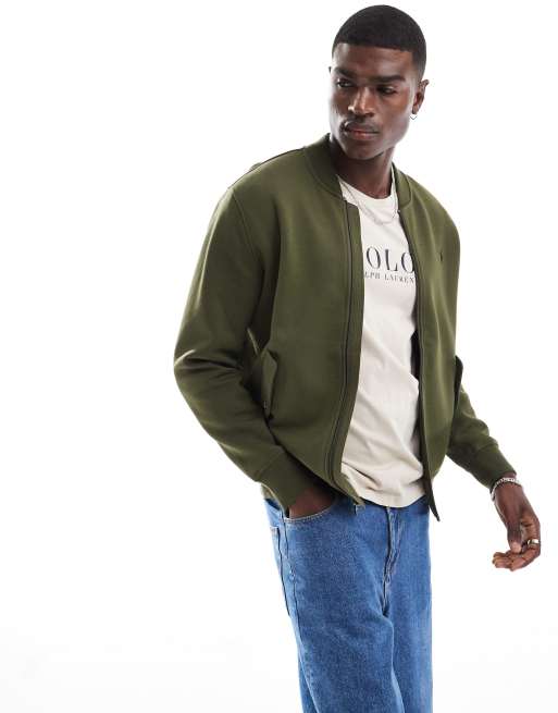Polo Ralph Lauren - Giacca bomber stile felpa in maglia doppia verde oliva con logo