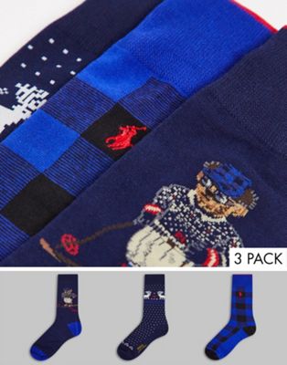 Polo Ralph Lauren gift box 3 pack socks in navy with bear and christmas print (200834562)