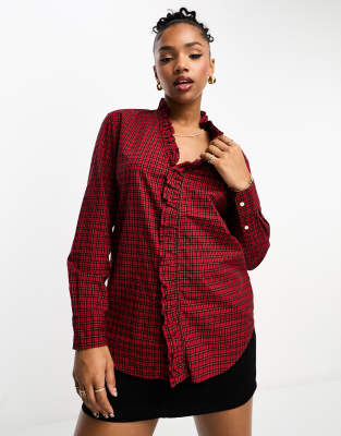 Polo Ralph Lauren gingham check ruffle detail shirt in red | ASOS