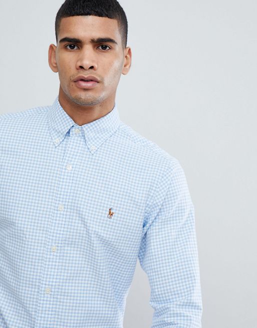 Polo Ralph Lauren Gingham Slim Fit Oxford Shirt Polo Player in Blue | ASOS