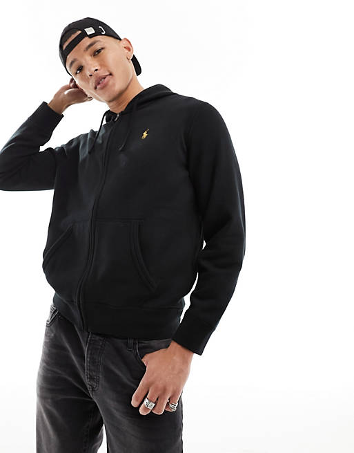 Polo Ralph Lauren gold icon logo fleece full zip hoodie in black