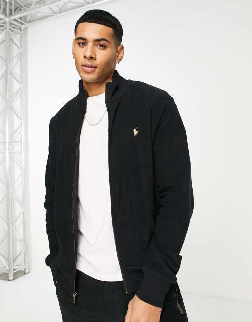 Polo Ralph Lauren gold icon logo full zip track jacket in black, 4 of 4