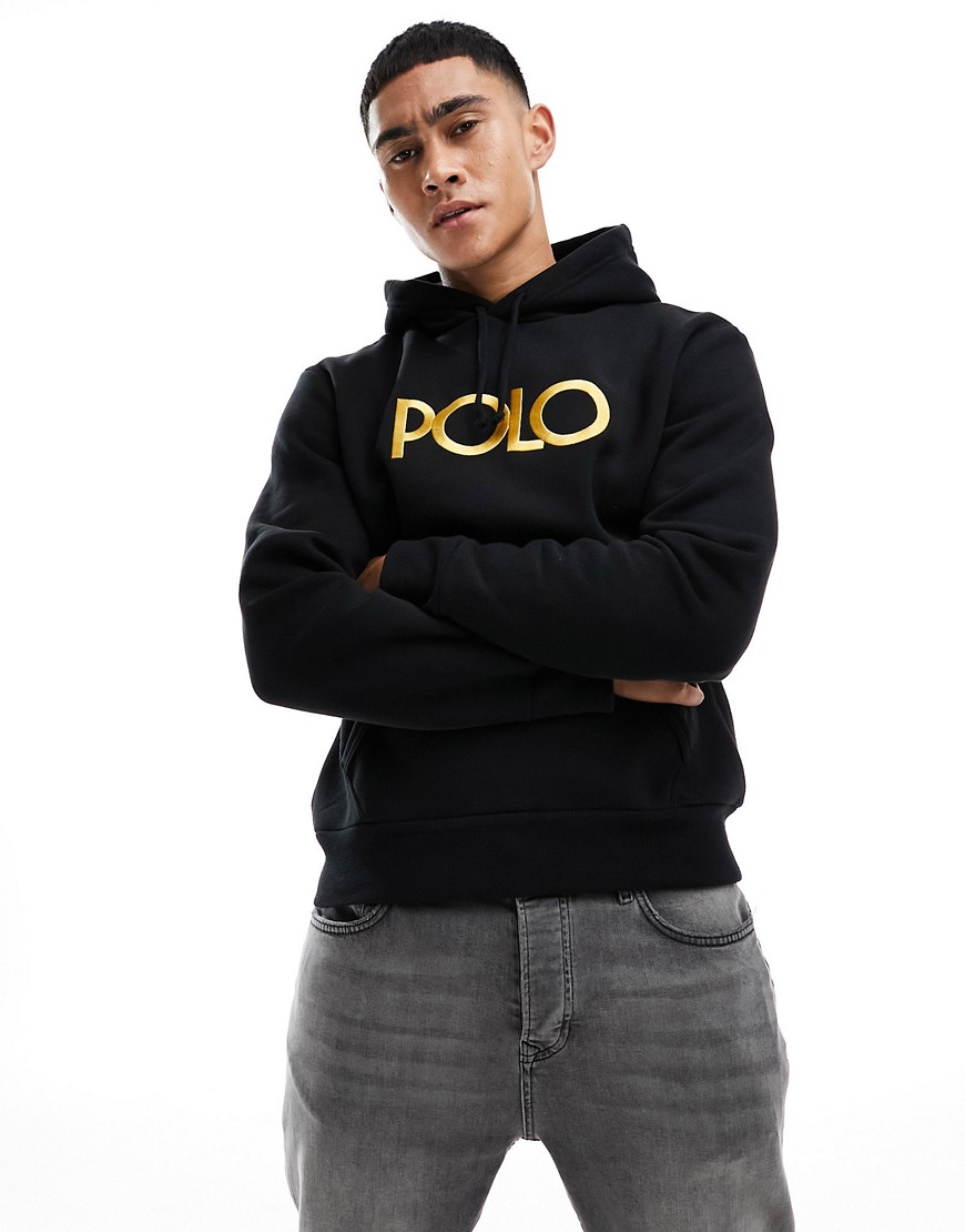 Polo Ralph Lauren gold RRL print heavyweight fleece hoodie in black