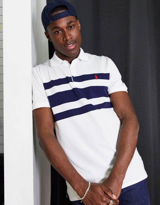 Polo Ralph Lauren Golf icon logo yarn-dyed chest stripe performance pique  polo in white/french navy | ASOS
