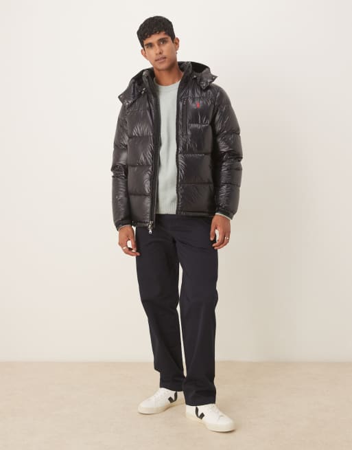 Polo Ralph Lauren Gorham icon logo high shine insulated down puffer jacket in black, 4 of 5