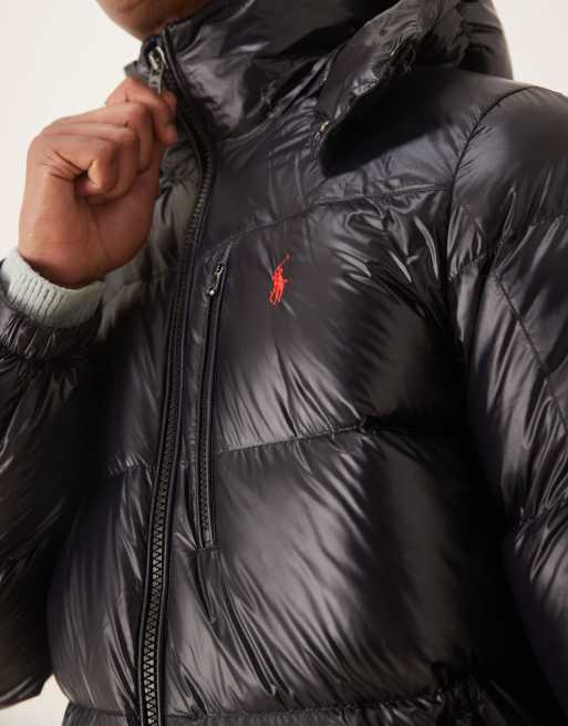 Polo Ralph Lauren Gorham icon logo high shine insulated down puffer jacket in black, 5 of 5