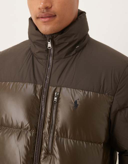 Polo Ralph Lauren Gorham icon logo high shine insulated down puffer jacket in brown, 5 of 5