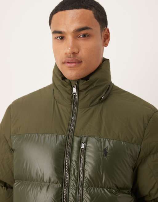 Polo Ralph Lauren Gorham icon logo high shine insulated down puffer jacket in khaki, 5 of 5