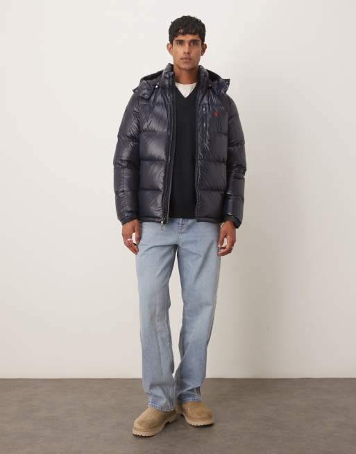 Polo Ralph Lauren Gorham icon logo high shine insulated down puffer jacket in navy, 4 of 5